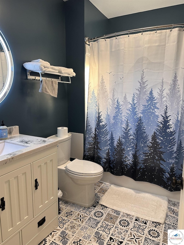 bathroom featuring vanity, tile patterned floors, toilet, and a shower with shower curtain