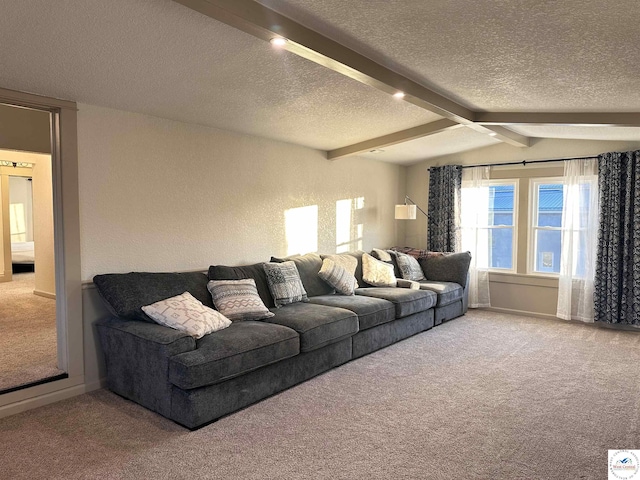 carpeted living area featuring vaulted ceiling with beams, baseboards, and a textured ceiling