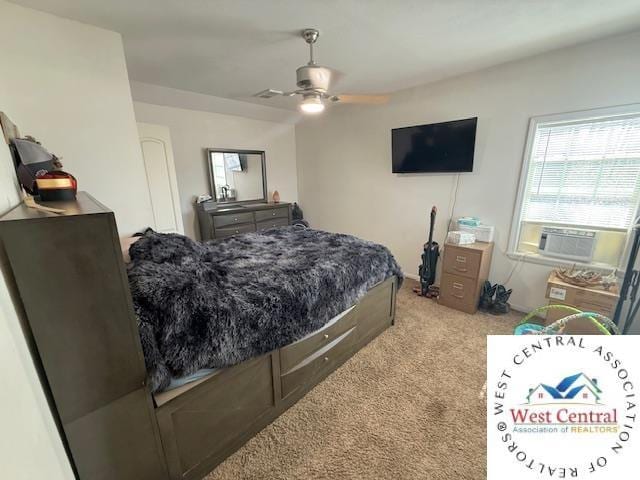 bedroom with cooling unit, a ceiling fan, and carpet