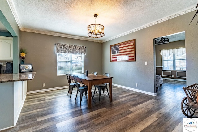 dining room with a chandelier, dark wood finished floors, a wealth of natural light, and a textured wall