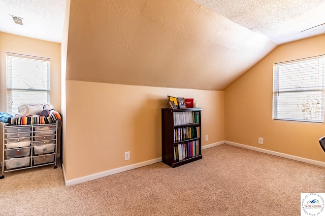 bonus room featuring lofted ceiling, plenty of natural light, carpet, and a textured ceiling