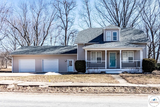 bungalow-style home featuring covered porch, a shingled roof, and an attached garage