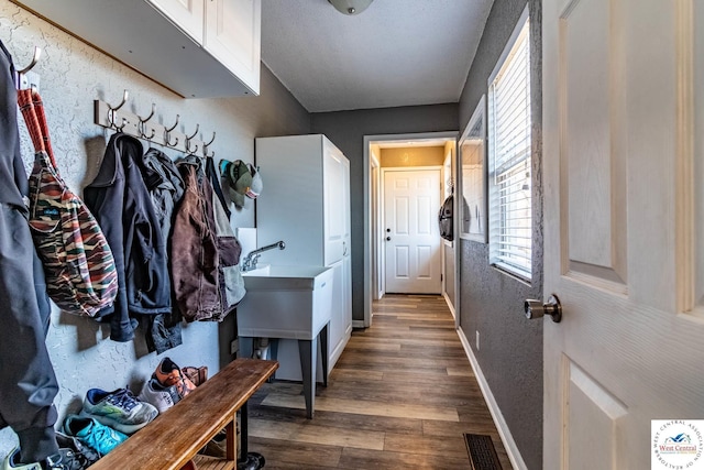 mudroom featuring visible vents, baseboards, dark wood-style flooring, and a textured wall