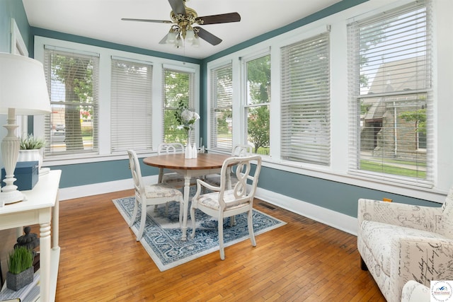 sunroom featuring ceiling fan and visible vents