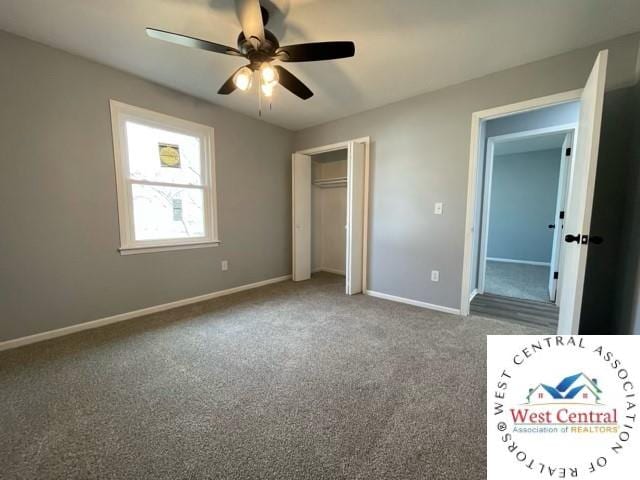 unfurnished bedroom with ceiling fan, a closet, baseboards, and carpet flooring