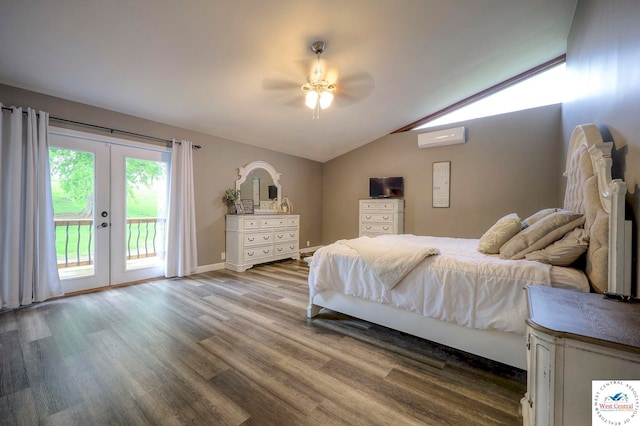 bedroom with lofted ceiling, wood finished floors, access to outside, french doors, and a wall mounted AC