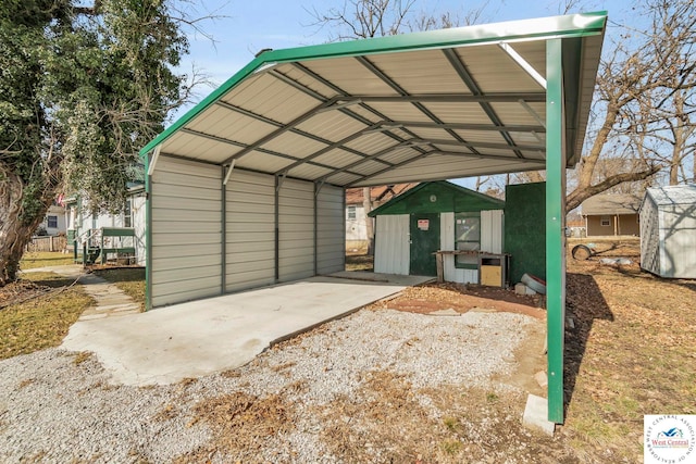 exterior space with a storage unit and a carport