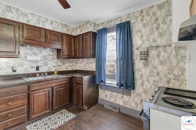 kitchen with dark countertops, dark wood-style floors, ceiling fan, and visible vents