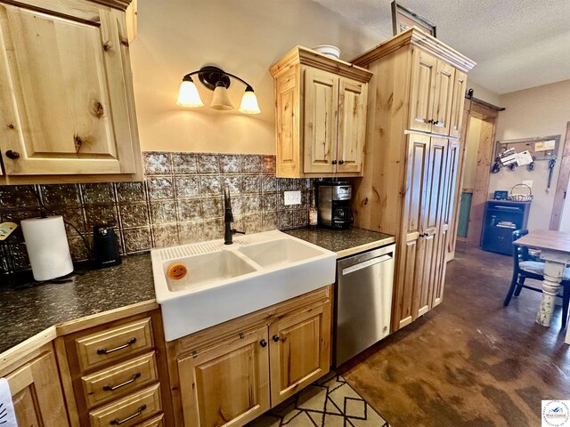 kitchen featuring a kitchen island, a sink, hanging light fixtures, french doors, and tasteful backsplash