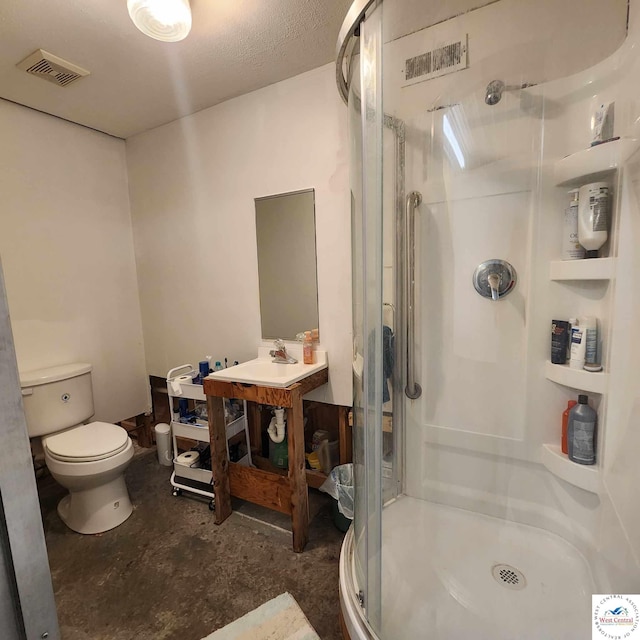 full bathroom with visible vents, unfinished concrete flooring, toilet, vanity, and a shower stall