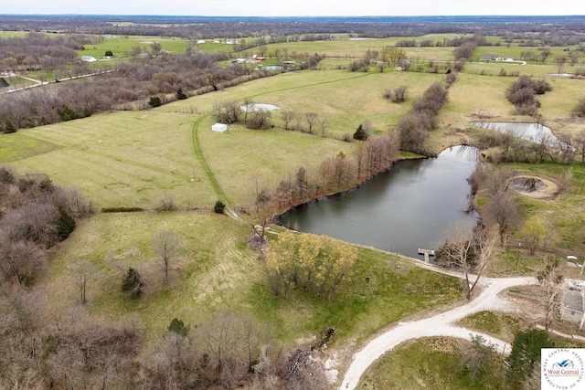 aerial view featuring a water view and a rural view