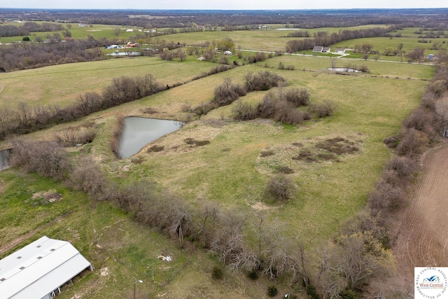 bird's eye view with a water view and a rural view