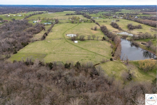 bird's eye view with a rural view and a water view