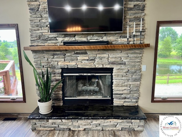 details featuring a stone fireplace and wood finished floors