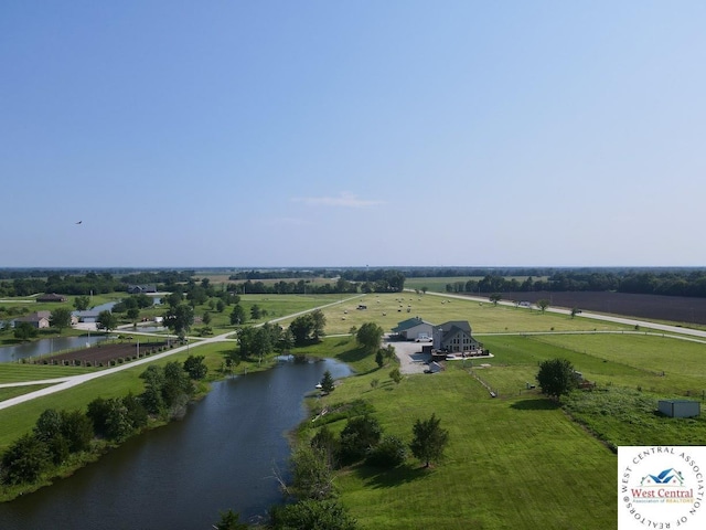 bird's eye view featuring a rural view and a water view