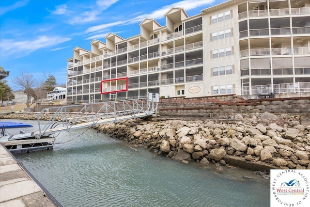 exterior space with a water view