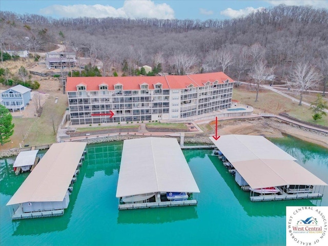 drone / aerial view with a water view