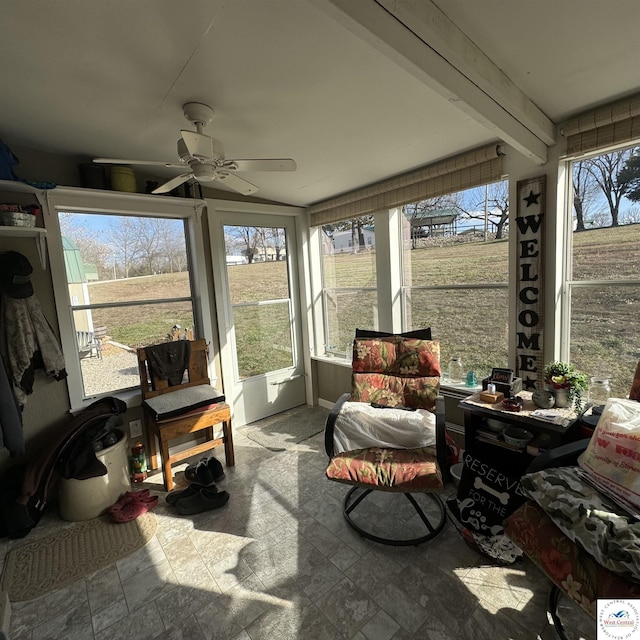 33039 Hilty Ave, Warsaw, MO 65355 - sunroom featuring beamed ceiling, ceiling fan, and plenty of natural light