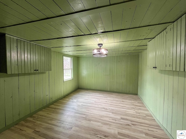 empty room with light wood-type flooring, wood walls, and wooden ceiling