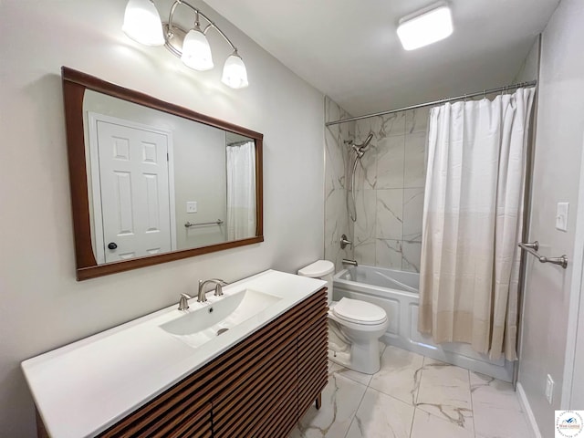 full bathroom with shower / bathtub combination with curtain, toilet, vanity, and marble finish floor