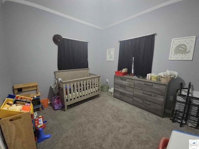 1012 E 7th St, Sedalia, MO 65301 - bedroom featuring ornamental molding, carpet flooring, and a crib