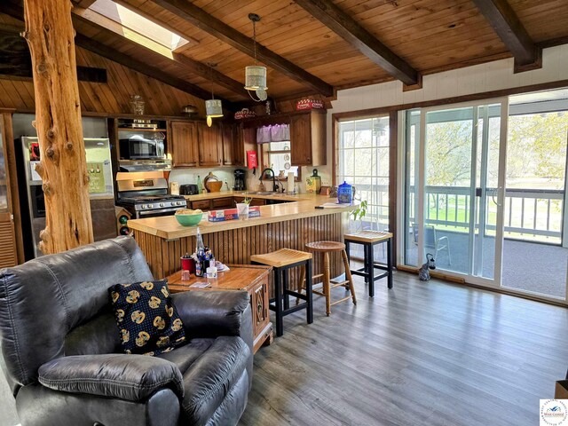 kitchen featuring light countertops, stainless steel appliances, wood finished floors, and open floor plan