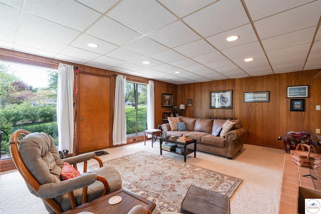 7020 Walnut Cir, Sedalia, MO 65301 - living area featuring wood walls, recessed lighting, and light colored carpet