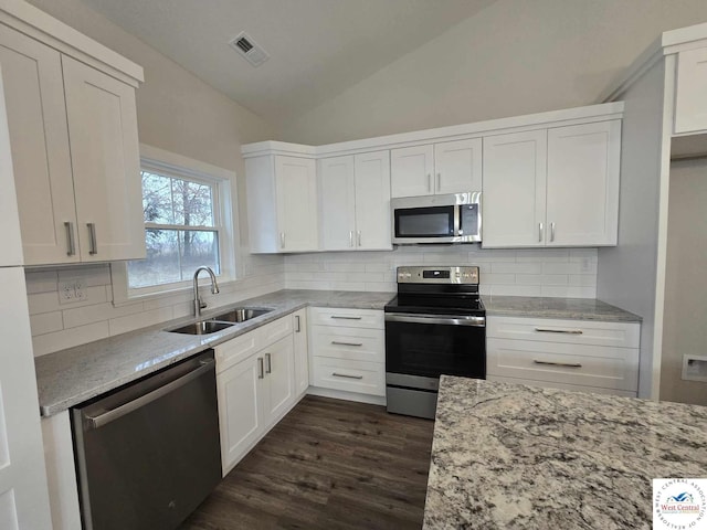 61 NW 247th Rd, Clinton, MO 64735 - kitchen with a sink, visible vents, stainless steel appliances, light stone countertops, and vaulted ceiling