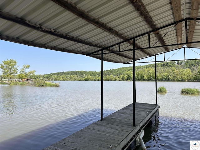dock area featuring a water view and a forest view