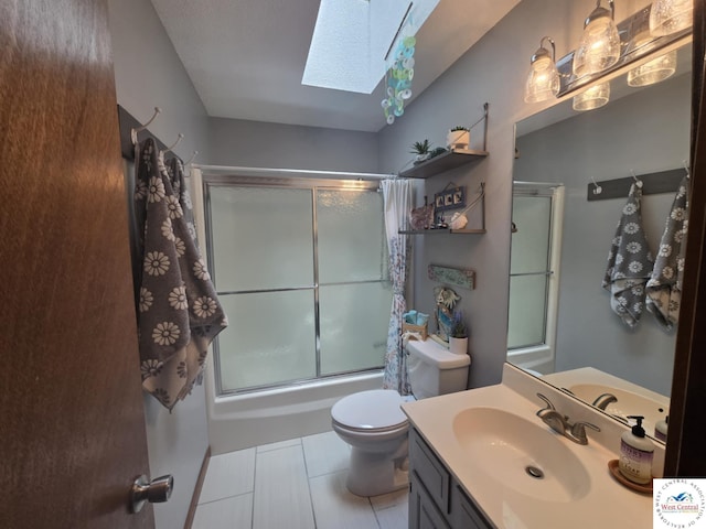 27349 Karrs Ave, Warsaw, MO 65355 - full bathroom featuring a skylight, toilet, combined bath / shower with glass door, vanity, and tile patterned floors