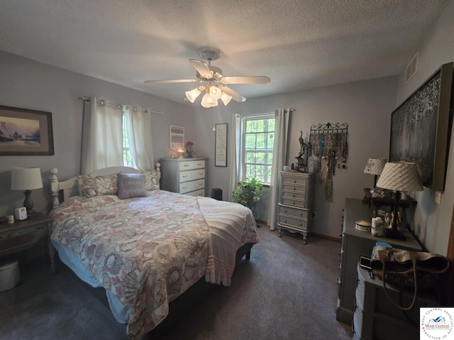 27349 Karrs Ave, Warsaw, MO 65355 - bedroom featuring carpet, a textured ceiling, and a ceiling fan
