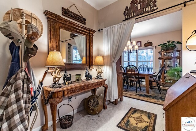 25733 Macks Ave, Warsaw, MO 65355 - interior space featuring an inviting chandelier and light carpet
