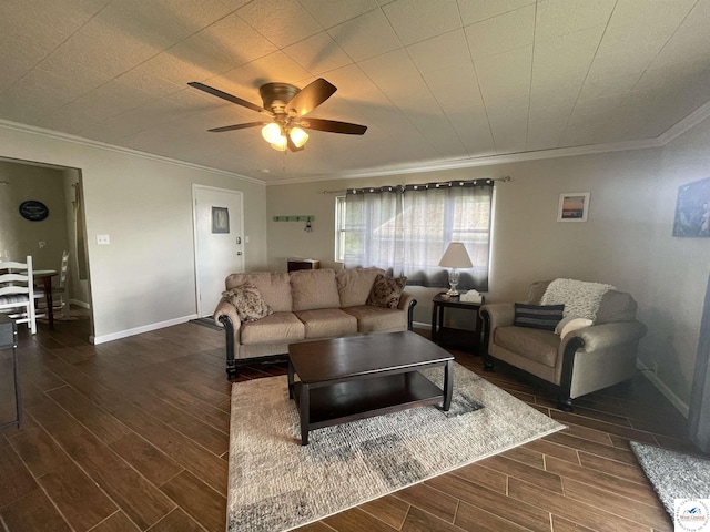 26835 Carefree Ln, Warsaw, MO 65355 - living area with dark wood-style floors, crown molding, ceiling fan, and baseboards