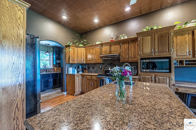 1766 NW M Hwy, Clinton, MO 64735 - kitchen with under cabinet range hood, stainless steel appliances, tasteful backsplash, recessed lighting, and light wood finished floors