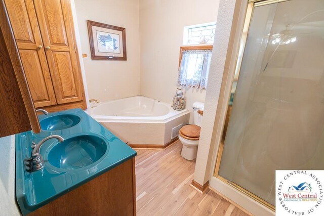 662 W 6th St, Schell City, MO 64783 - bathroom featuring wood finished floors, a stall shower, a bath, double vanity, and toilet