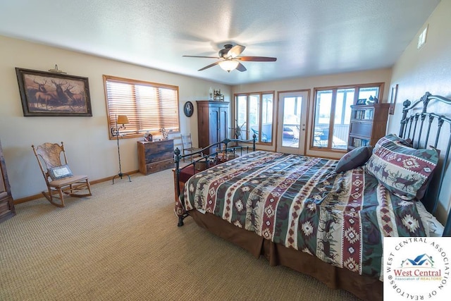 662 W 6th St, Schell City, MO 64783 - carpeted bedroom featuring multiple windows, baseboards, access to exterior, and ceiling fan