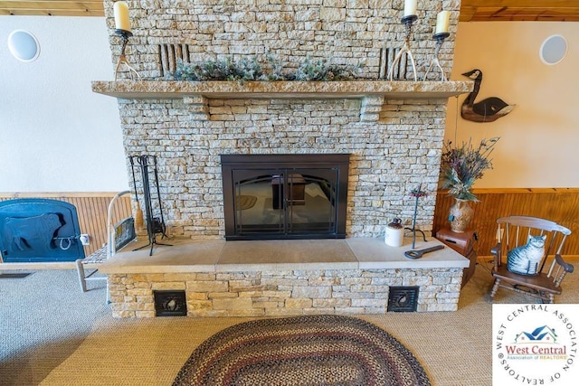662 W 6th St, Schell City, MO 64783 - detailed view of a fireplace, a wainscoted wall, carpet, and wooden walls