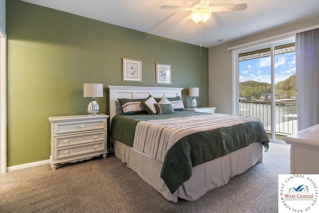 748 Pershing Dr, Camdenton, MO 65020 - carpeted bedroom featuring ceiling fan, access to exterior, and baseboards