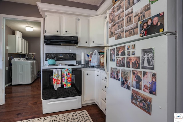 416 W Osage St, Warsaw, MO 65355 - kitchen featuring white appliances, under cabinet range hood, washing machine and dryer, backsplash, and white cabinetry