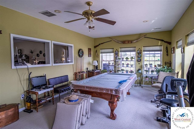 recreation room with visible vents, a ceiling fan, billiards, and carpet