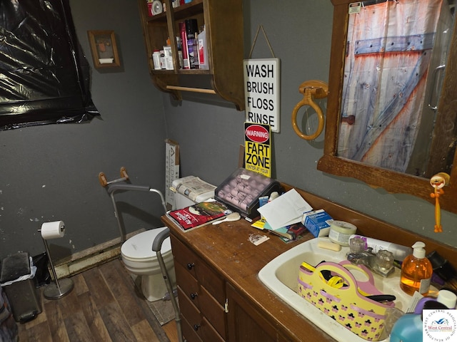31591 Spring Ave, Warsaw, MO 65355 - bathroom featuring wood finished floors, a shower with curtain, toilet, vanity, and baseboards