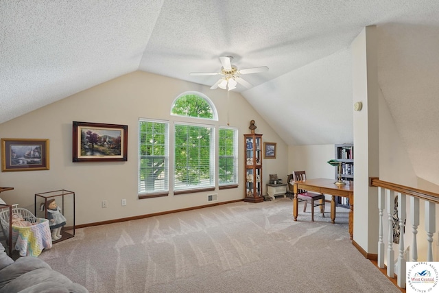 1515 NW Primrose Ln, Blue Springs, MO 64015 - bonus room featuring a ceiling fan, light carpet, vaulted ceiling, baseboards, and a textured ceiling