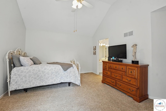 1515 NW Primrose Ln, Blue Springs, MO 64015 - bedroom featuring light carpet, baseboards, ceiling fan, high vaulted ceiling, and ensuite bath
