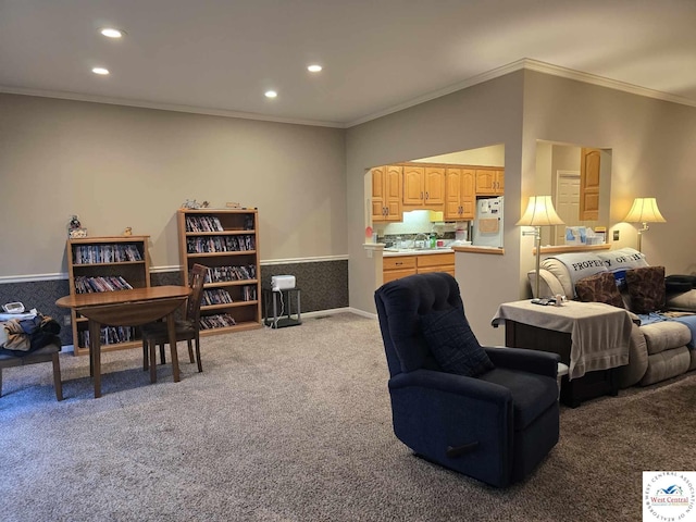 1017 E Trevino Rd, Clinton, MO 64735 - living room featuring crown molding, recessed lighting, and carpet floors