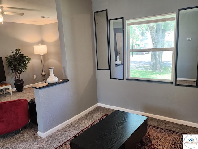 doorway to outside featuring carpet floors, a ceiling fan, and baseboards