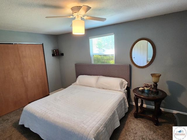 bedroom with carpet, a ceiling fan, and a closet