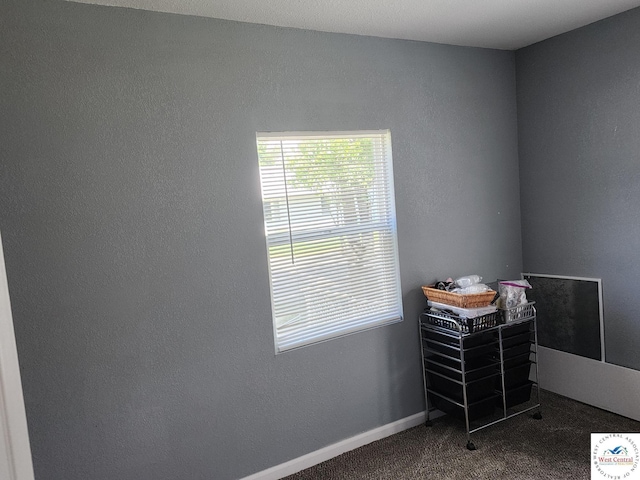 bedroom featuring dark colored carpet