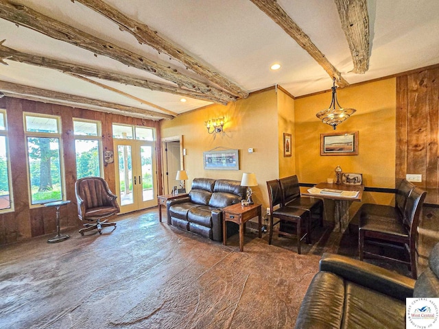 living room with wood finished floors, french doors, recessed lighting, and beamed ceiling