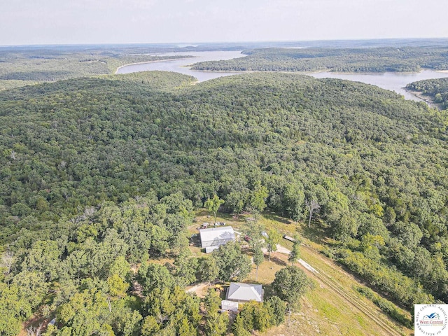 bird's eye view with a water view and a view of trees