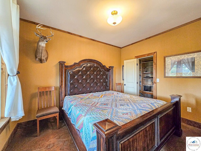 bedroom with baseboards, ornamental molding, and dark carpet